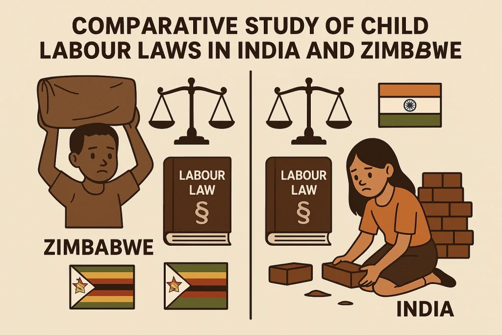 Illustration comparing child labour laws in India and Zimbabwe showing affected children, legal scales, labour law books, and national flags.