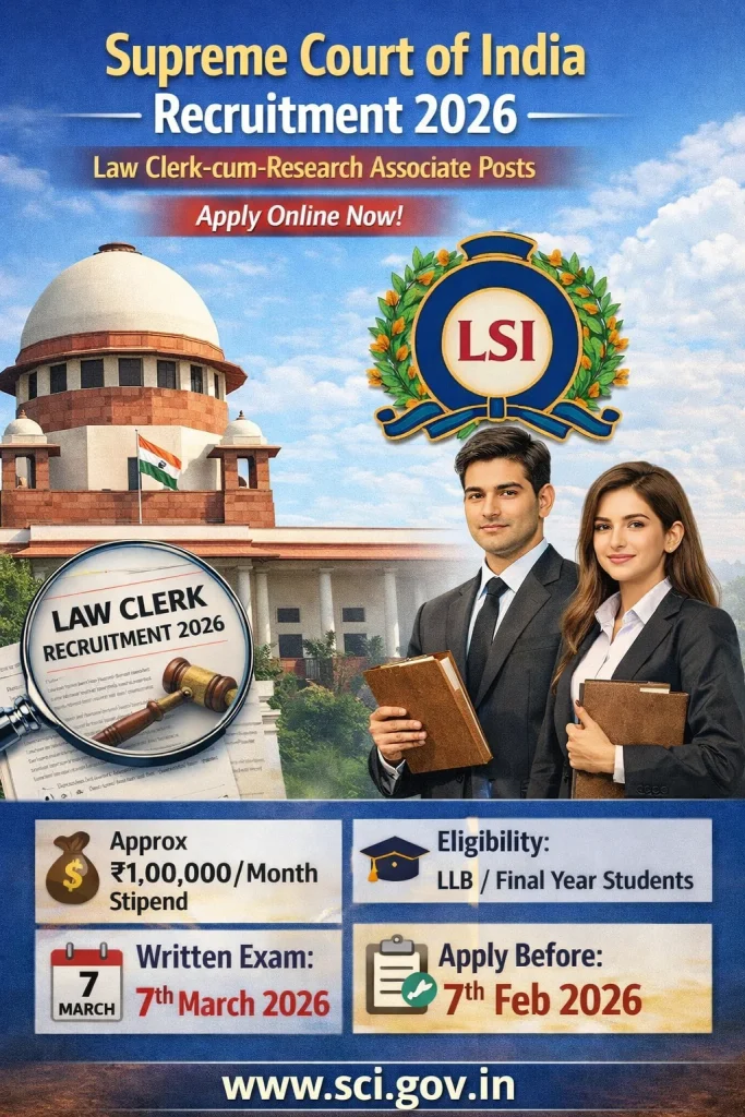 Supreme Court of India Recruitment 2026: Law Clerk Posts, Dates, Apply Online