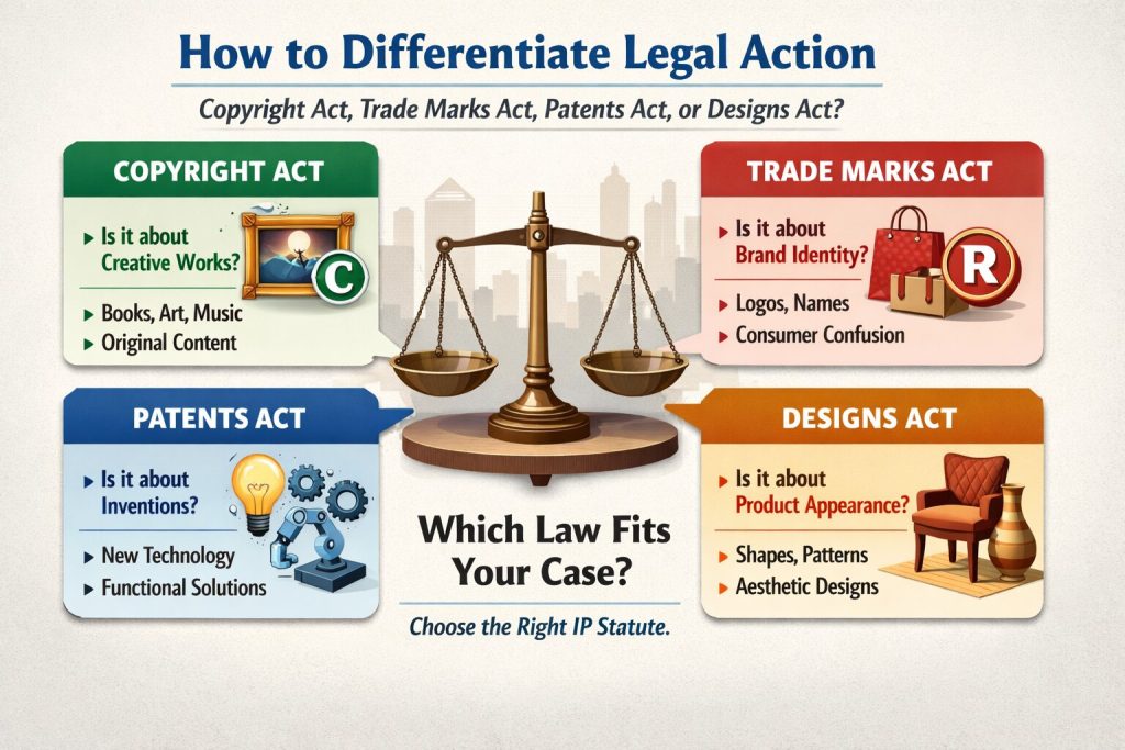 How to Differentiate Whether a Case Should Be Initiated Under the Copyright Act, the Trade Marks Act, the Patents Act, or the Designs Act