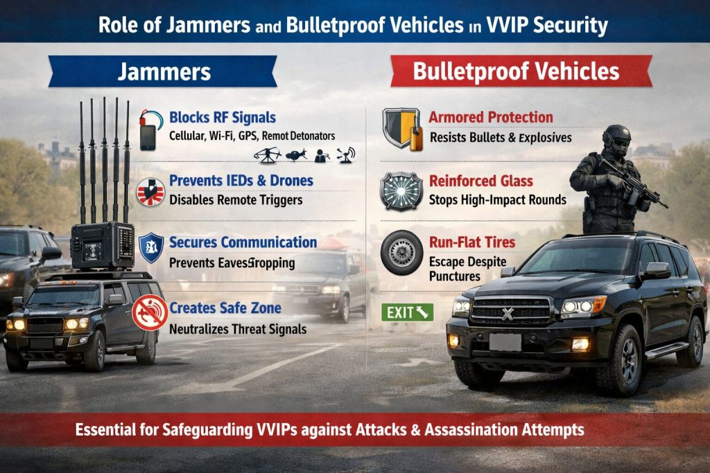 Role of Jammers and Bulletproof Vehicles in VVIP Security