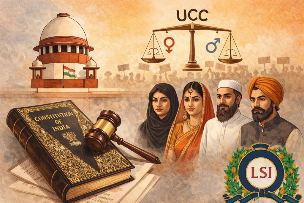 Uniform Civil Code debate in India with the Constitution, Supreme Court, diverse communities, and scales of justice symbolizing equality