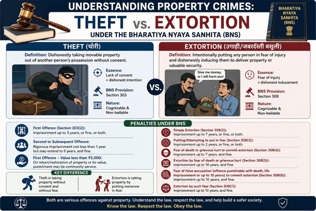 Understanding Property Crimes: Theft vs. Extortion under the Bharatiya Nyaya Sanhita (BNS)