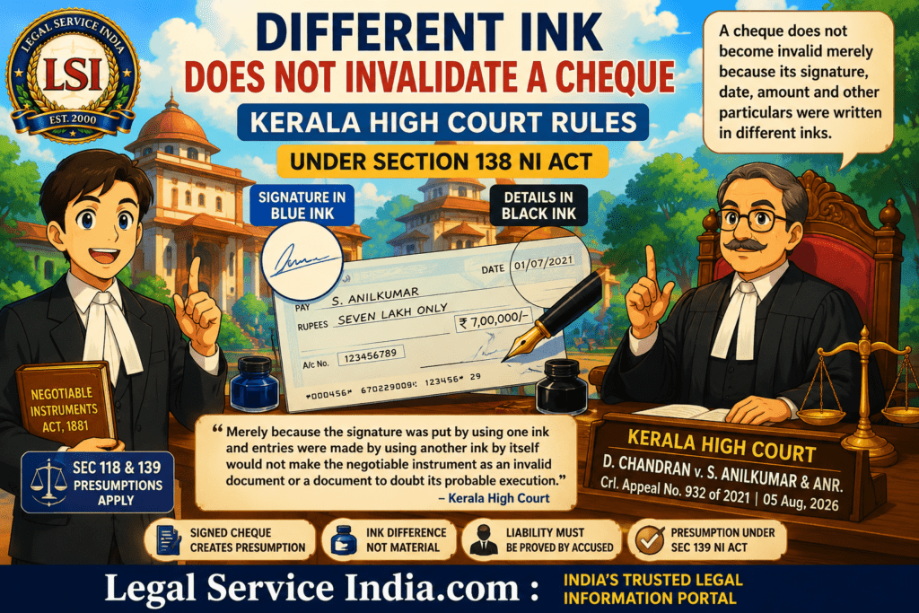 Different Ink Does Not Invalidate a Cheque: Kerala High Court Ruling Under Section 138 NI Act Kerala High Court cheque dishonour judgment 2026